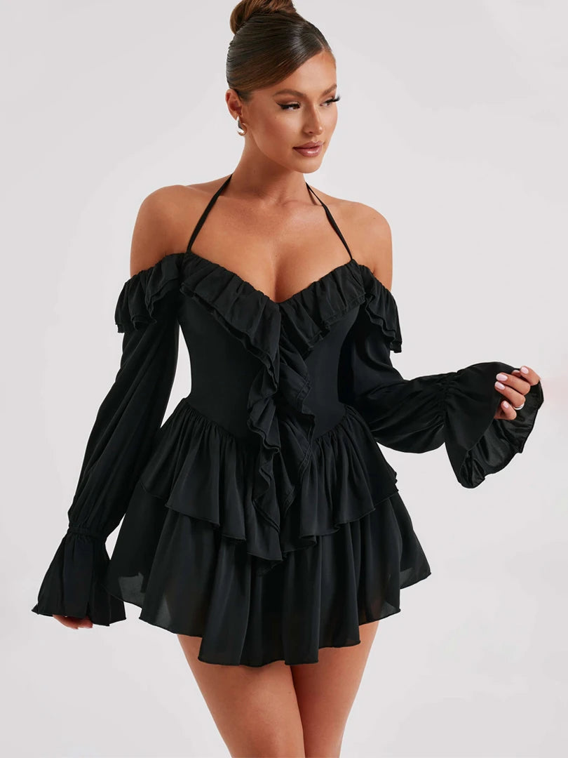 Halter Ruffle Flare Sleeves Mini Dress