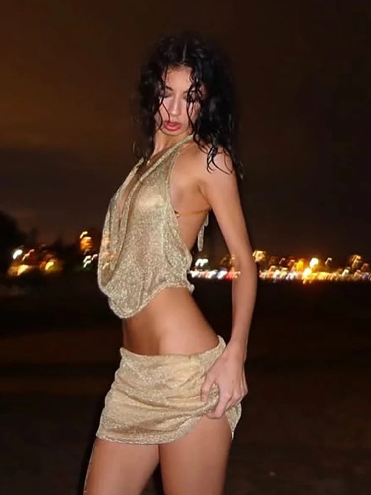 Bright Silk 2 Piece Set Lace-Up Halter Low-Neck Mesh Patchwork Crop Top Ruched Skirts Midnight