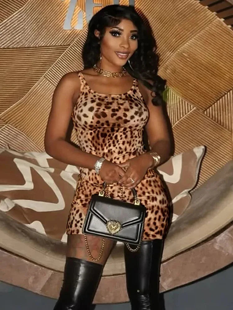 Dress Sleeveless Leopard Stretch O-Neck Mini Bodycon