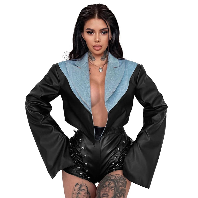 Cardigan Short Jacket Lapel Denim Leather Patchwork Suit Top Caaul