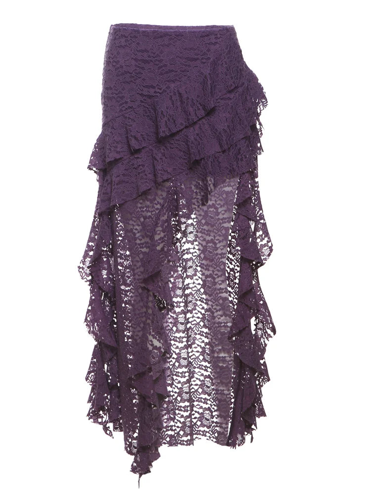 Irregular Ruffles Lace Patchwork Skirt