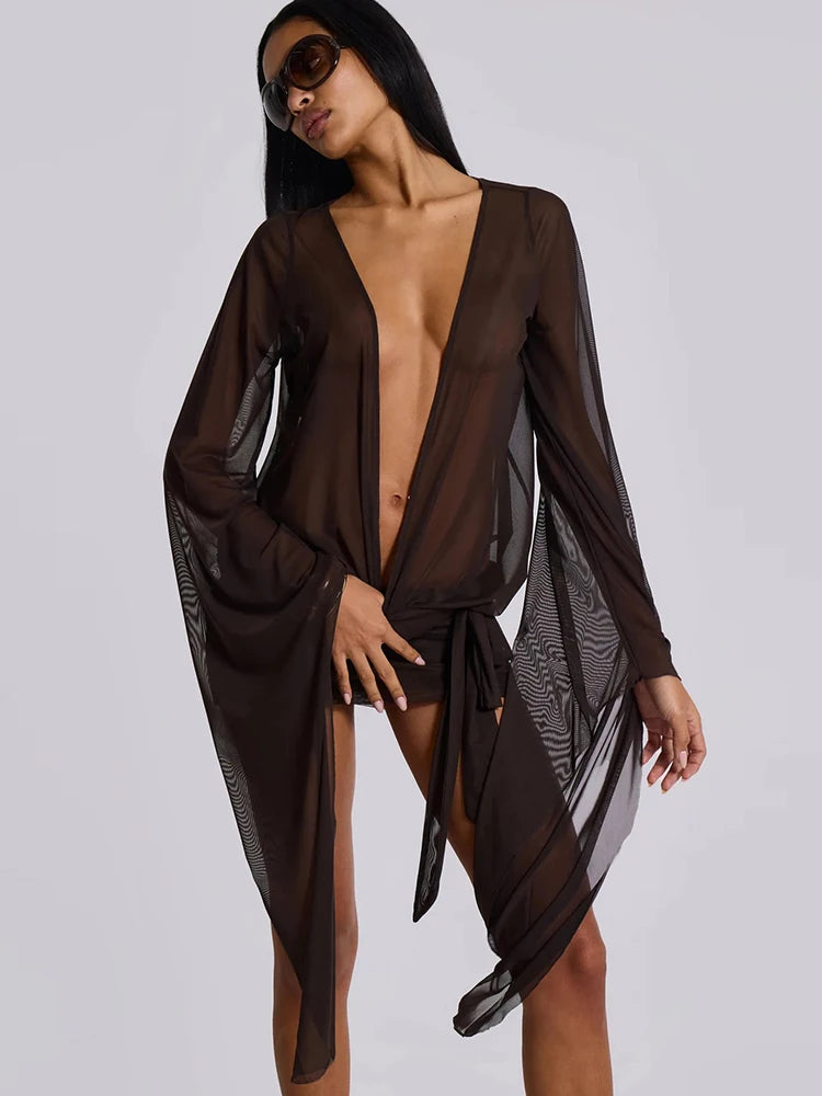 Above Knee Mini Dress Slim Cleavage Backless Tranparent Dress
