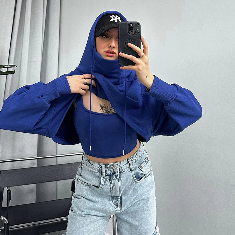 Thicken Drawtring Drawtring Hood Sweathirt Tank Top Long Sleeve Two Piece Set