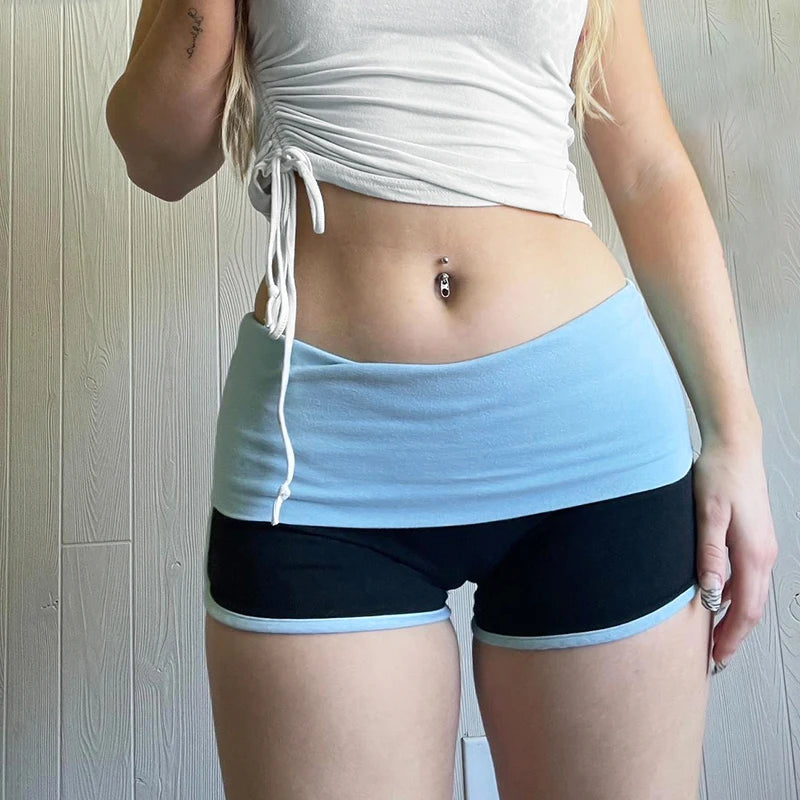 Sporty Slim Patchwork Shorts Low Waist Short Pants Elastic Waist Bottoms