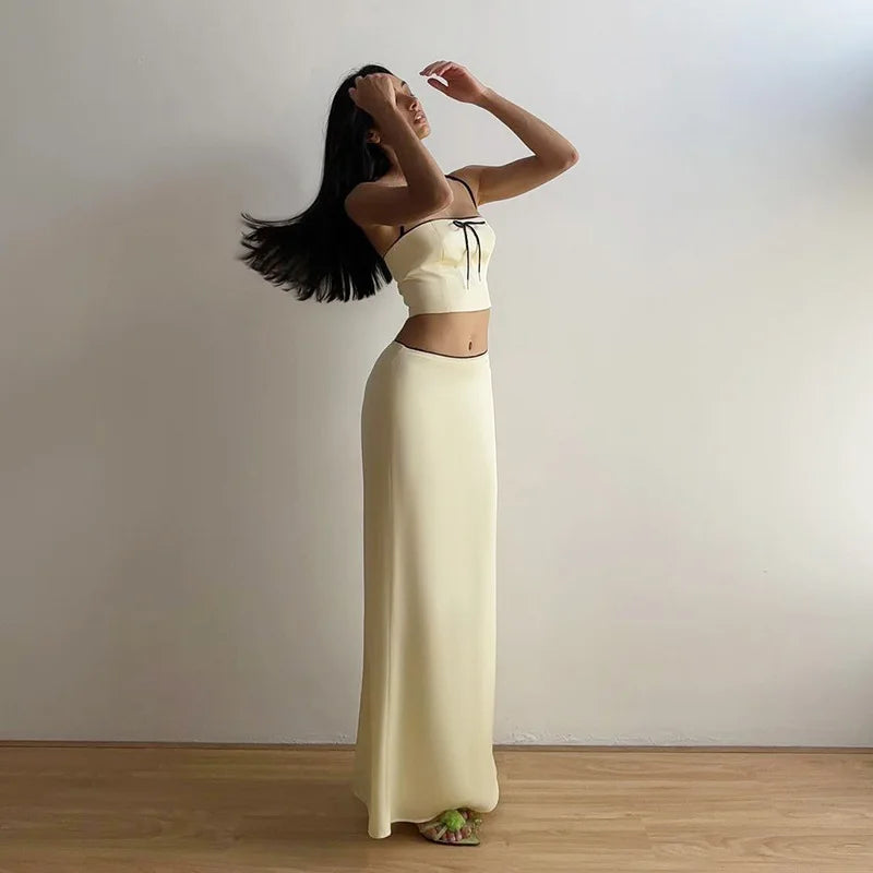 Apricot Satin Backless Crop Top and Midi Skirt Two Piece Set