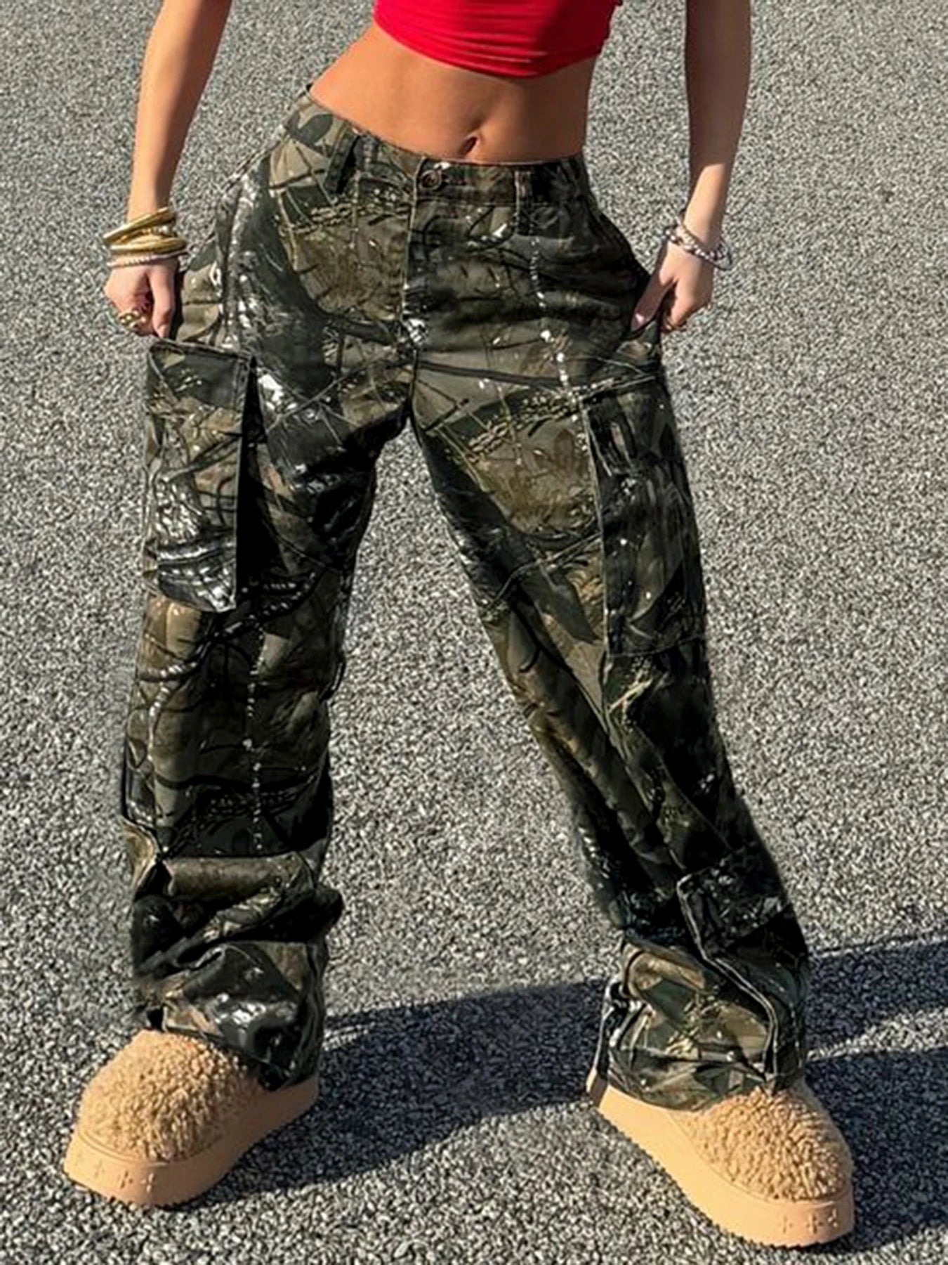 Baggy Cargo Pants Pockets Print Bottoms Straight Pants