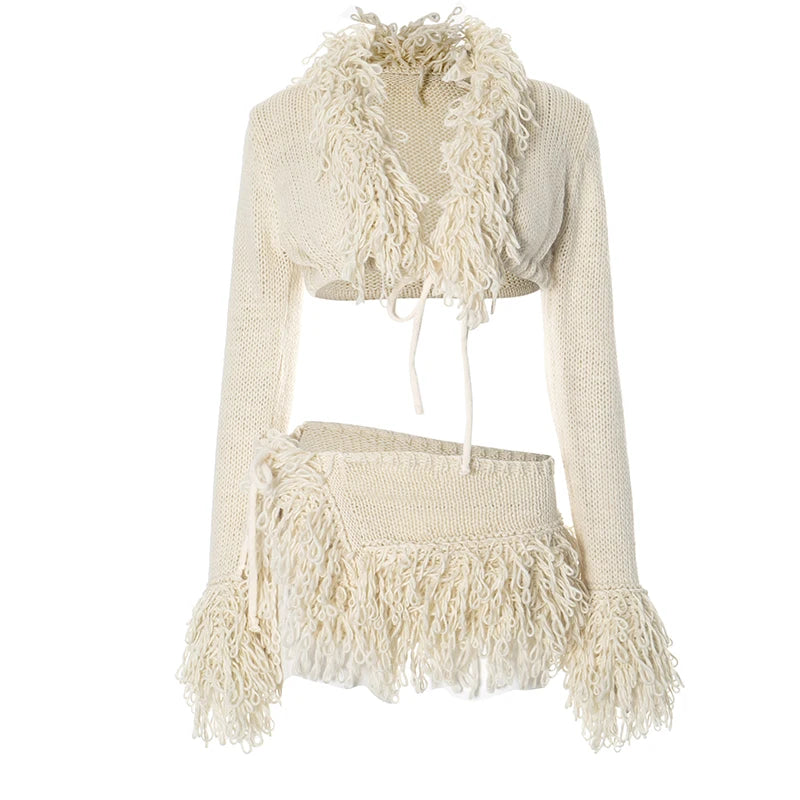 French Knit Set Tie Cardigan Long Sleeve Navel Top Mini Skirt Set Girl