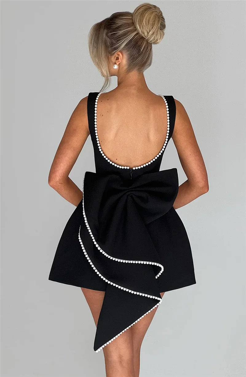 Pearl Bow Backless Mini Dress Zipper Sleeveless High Waist A-line Dress