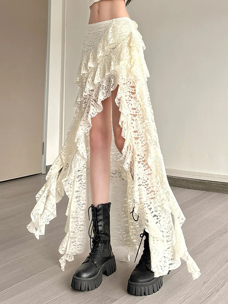 Irregular Ruffles Lace Patchwork Skirt