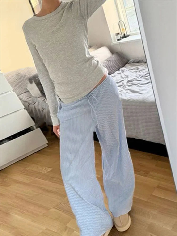 Striped Print Loose Trousers Lace-up Joggers Baggy Pants Bottoms