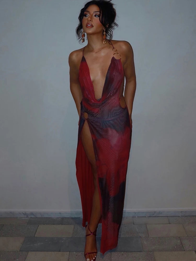 Metal Buckle Dress See Through Backless Halter Irregular Sleeveless