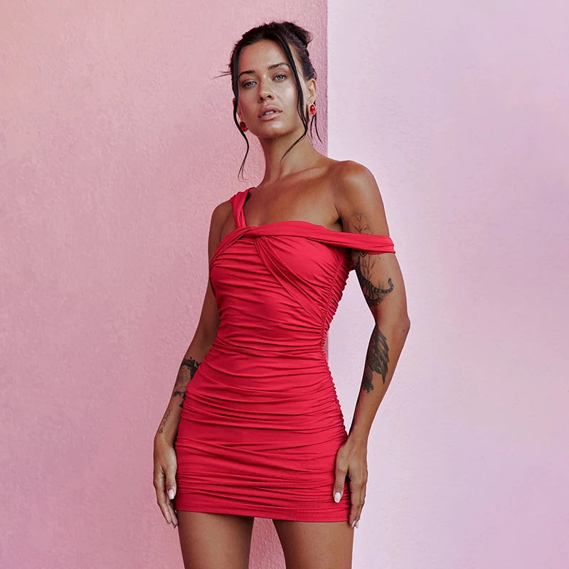 'S Spring And Asymmetric One-Shoulder Camis Color Twisted Shrink Pleated Package Hip Dress