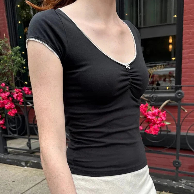 Crewneck Bow Patchwork Tee Shirts Ruched 's Top Pullovers