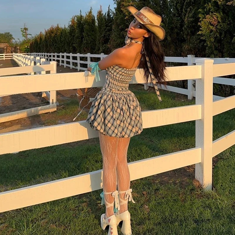 Green Off Shoulder Plaid Mini Dress