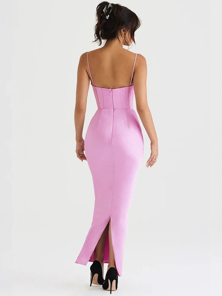 Satin Maxi Bodycon Dress Event Night Wedding Guest Dress Corset Dress Pink Slit Dress High Quality