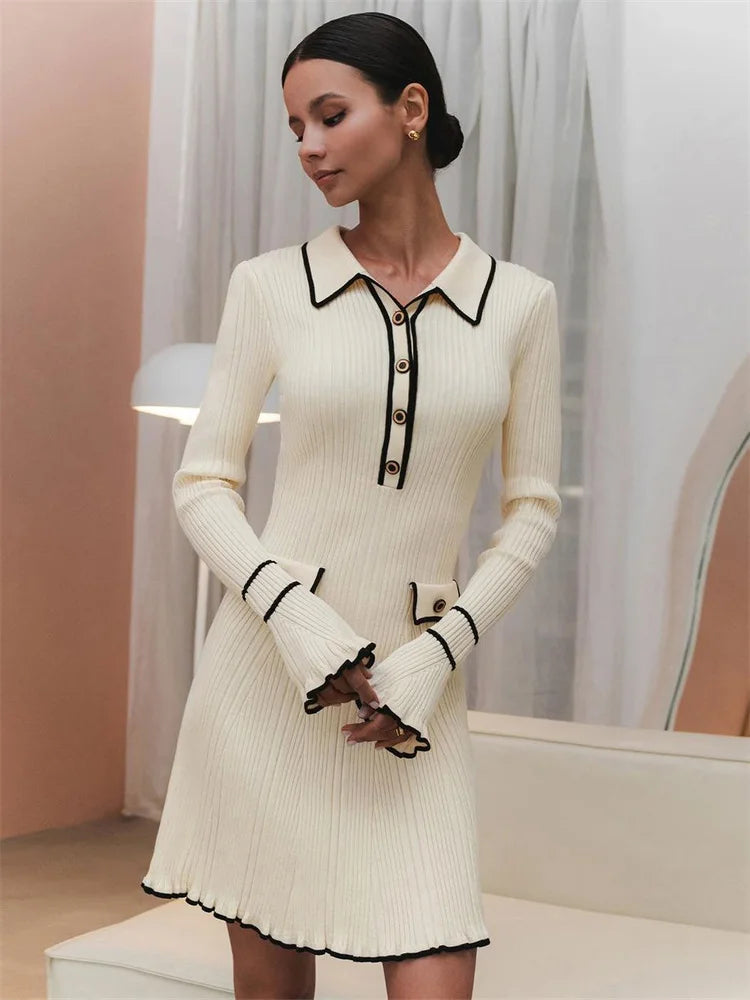 Ruffled Knit Dress Ribbed Contrast Long Sleeve High Waist Lapel Gown Dress Knit Ladies Maxi Dress