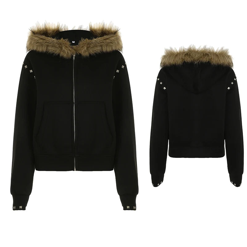 Zip Up Fur Neck Hoodie Coats Slim 's Jackets s