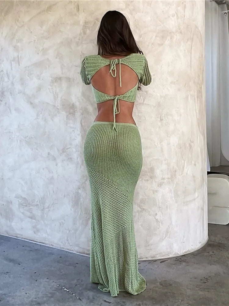 Crochet Knit 2 Piece Skirt Set Hollow Out Crop Top Long Sleeve Backless Tie Up Bodycon Dress