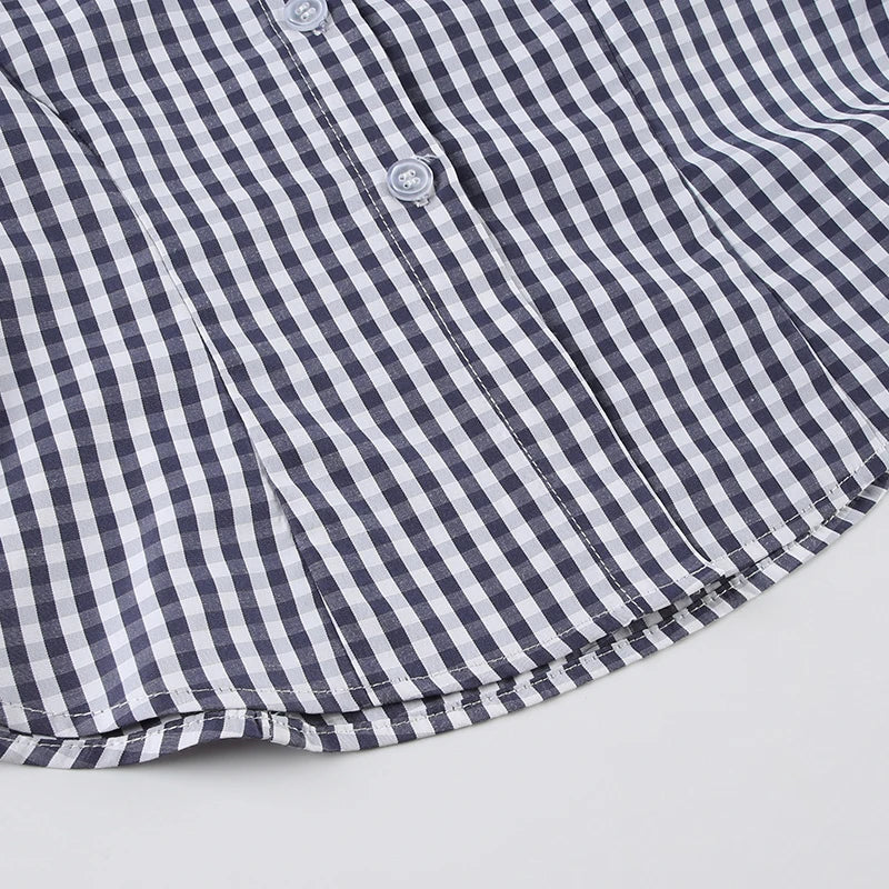 American Retro Short Sleeve Plaid Shirts Button Up Turn Down Collar Preppy Tops