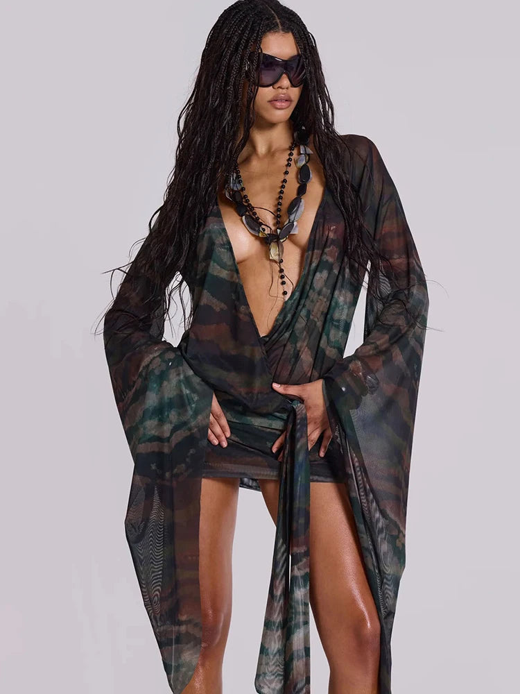 Meh Swinging Neck Cleavage Mini Dress Long Sleeve Backless Aymmetrical Attire