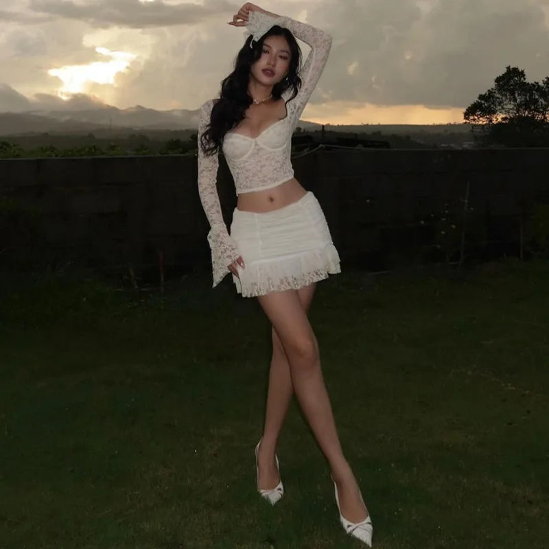 Lace See Through Top and Skirt Set