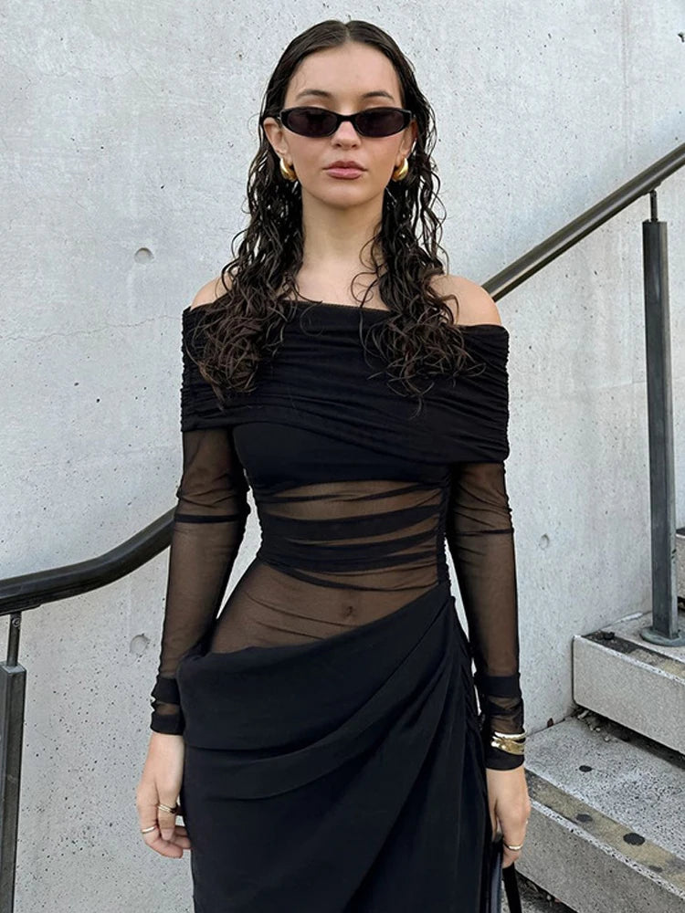 Patchwork Mesh Slash Neck Ruched Dress