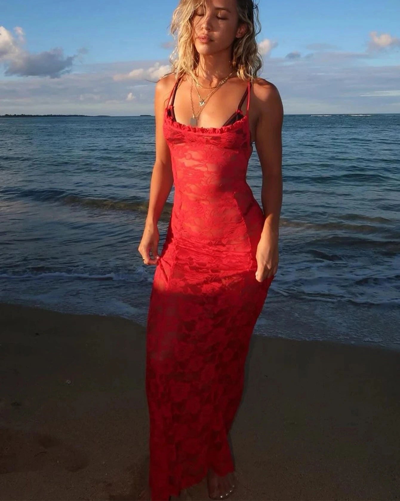Sheer Ruffled Lace Patchwork Maxi Dress