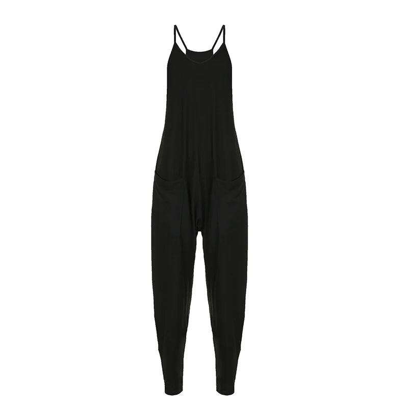 Black Loose Jumpsuits Sleeveless Pockets Overalls Leisure Rompers