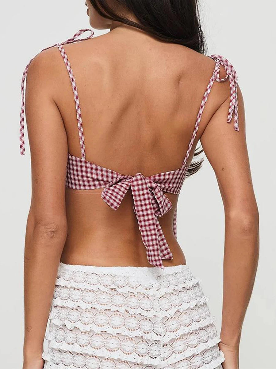 Coquette Tops Red Gingham Camisole Top Sleeveless Plaid Crop Top T-Shirt