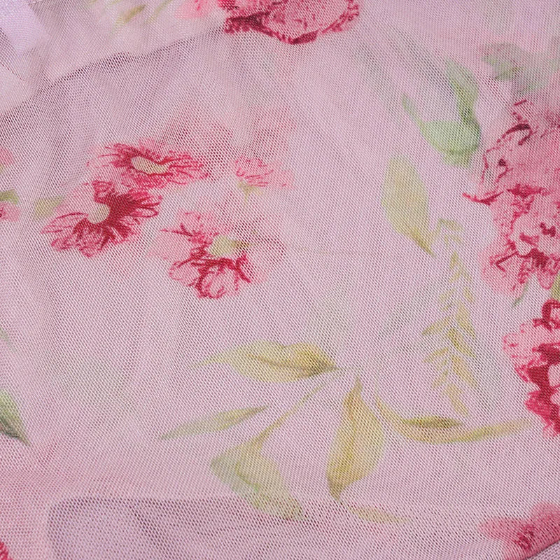 Pink Floral See Through Mesh Ruffled V-Neck Backless Top