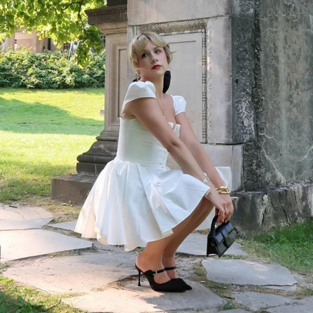 White Dress V Neck Cape Sleeve Dress Mini Casual Birthday Fluffy Skirt Dress