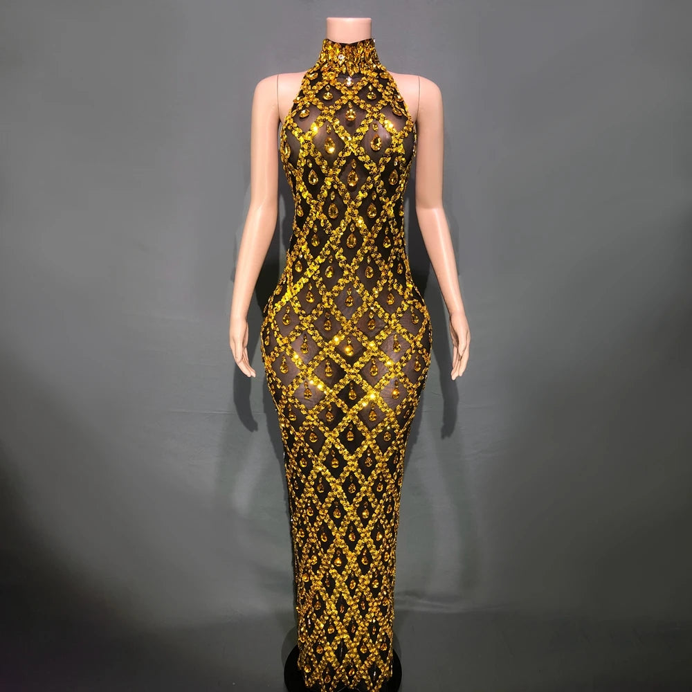Sparkly Sequins Crystals Long Dress Prom Birthday Dress Transparent Performance Costume Show Stage Wear