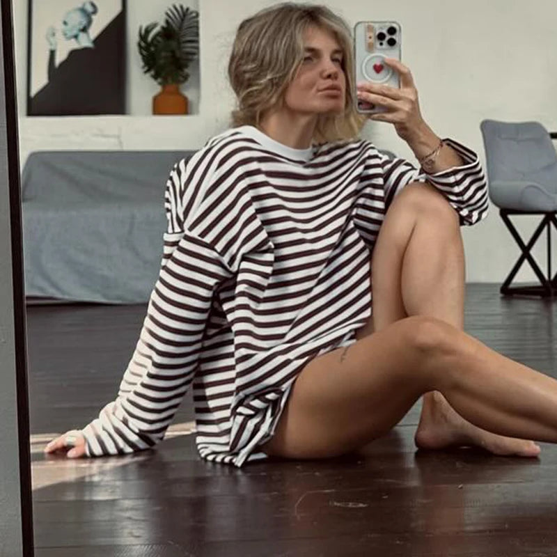 Overiz Strip Seweathirt Crewneck Looe Long Sleeve Top