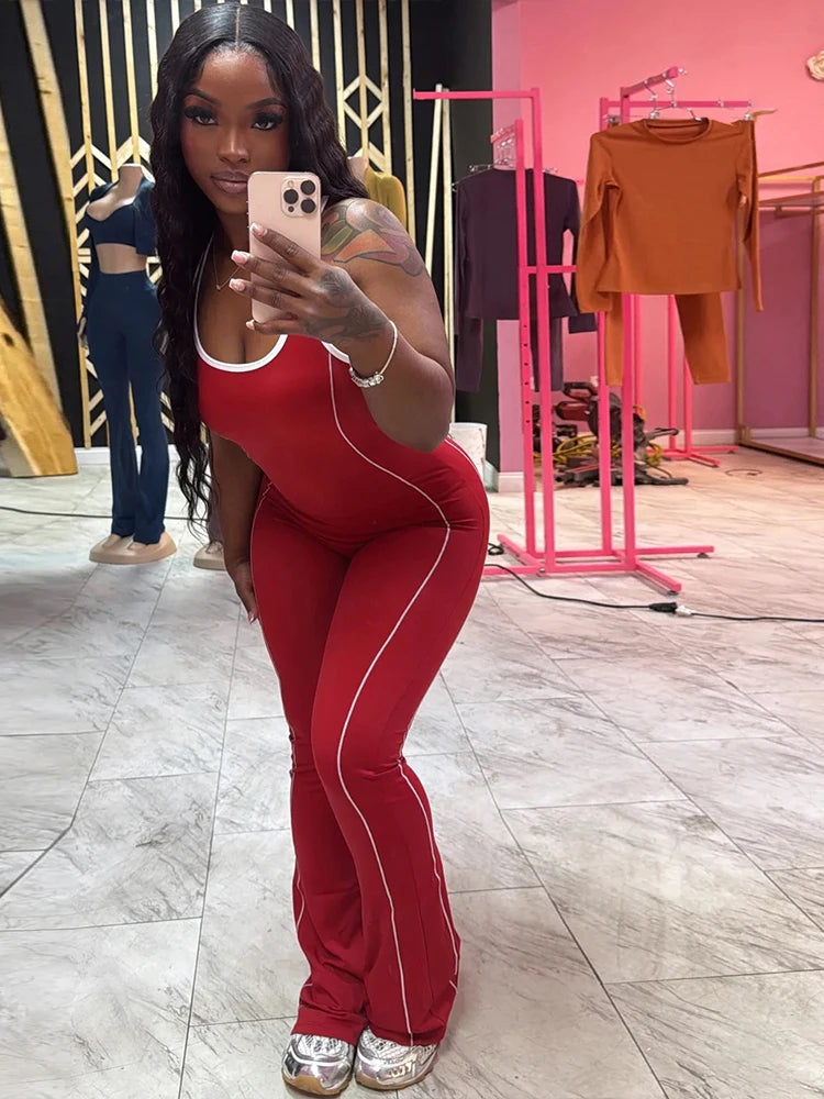Panell Stripe Jumpuit Sporty O-neck Sleevele Backless Skinny Overall Active One Piece