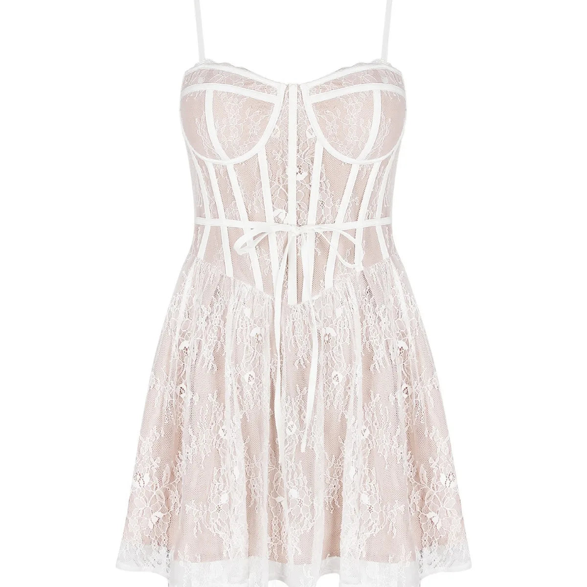 Lace Strap Bandeau Mini Dress Backless Sleeveless A-Line Mini Dress Bow High Waist Patchwork Dress