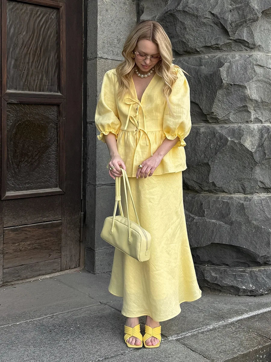Yellow Cotton Short Sleeve Top and High Waist Midi Skirt Set