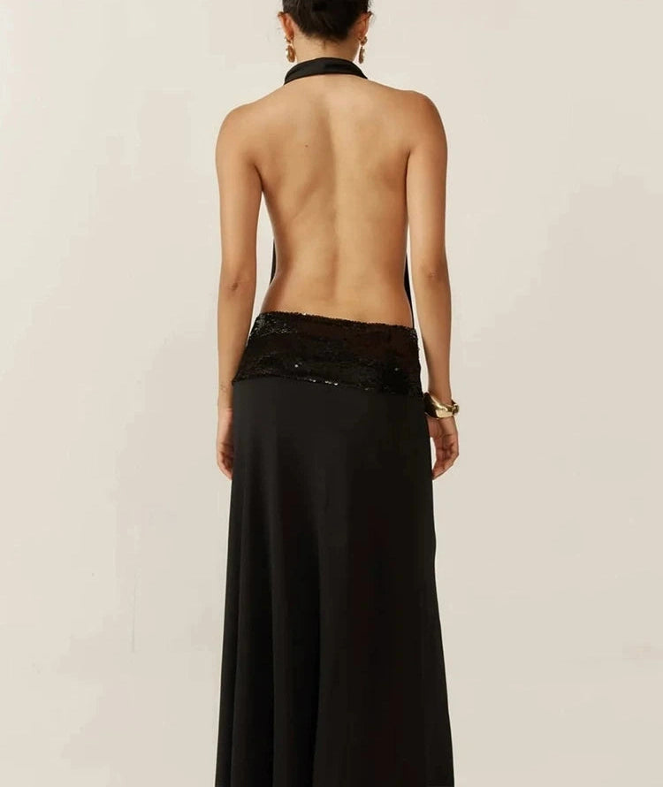 Waist Sequins Dress Backless Halter Sleeveless Pile Collar Slim