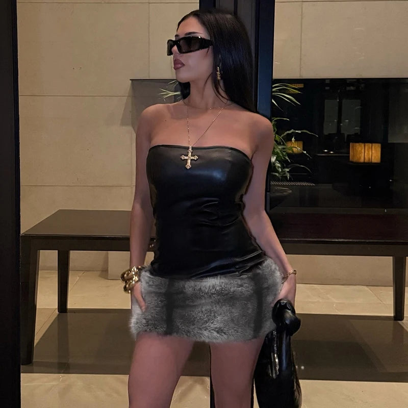 Butier Mini Dress Collarle Leather Butier Pluh Splicing Package Hip Short Dress