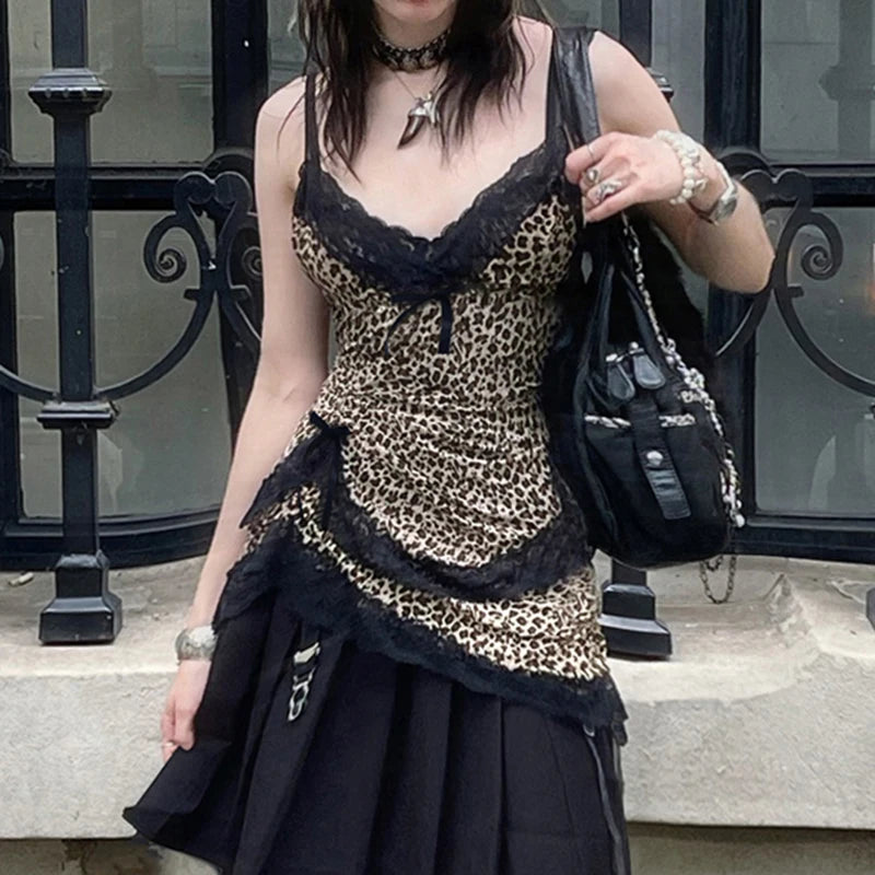 Lace Patchwork Camisole Leopard Print Backless Top V-neck Sleeveless Fairycore