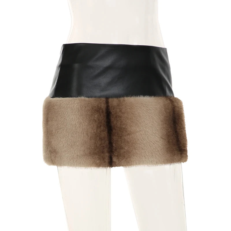Furry Two Pieces of Sets Backless Strapless and Mini Skirts Slim PU Cloth