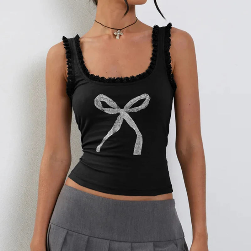 Bow Print sweet Camis Sleeveless Lacework Vests Square Collar Crop Top