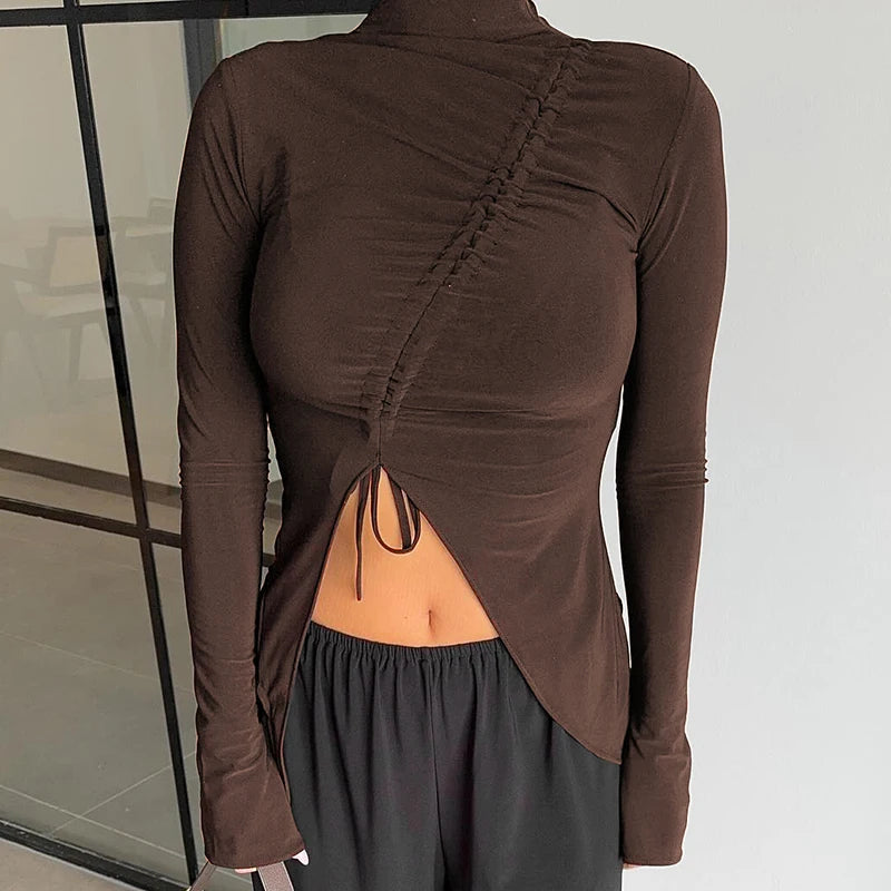 Half Neck Collar Long Sleeve Top Irregular Deign Drawtring Wrinkle Crop Top Skintight