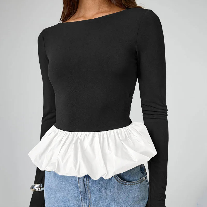Round Neck Top Long Sleeve Slim Fit Mini Puffy Hem Deign Top