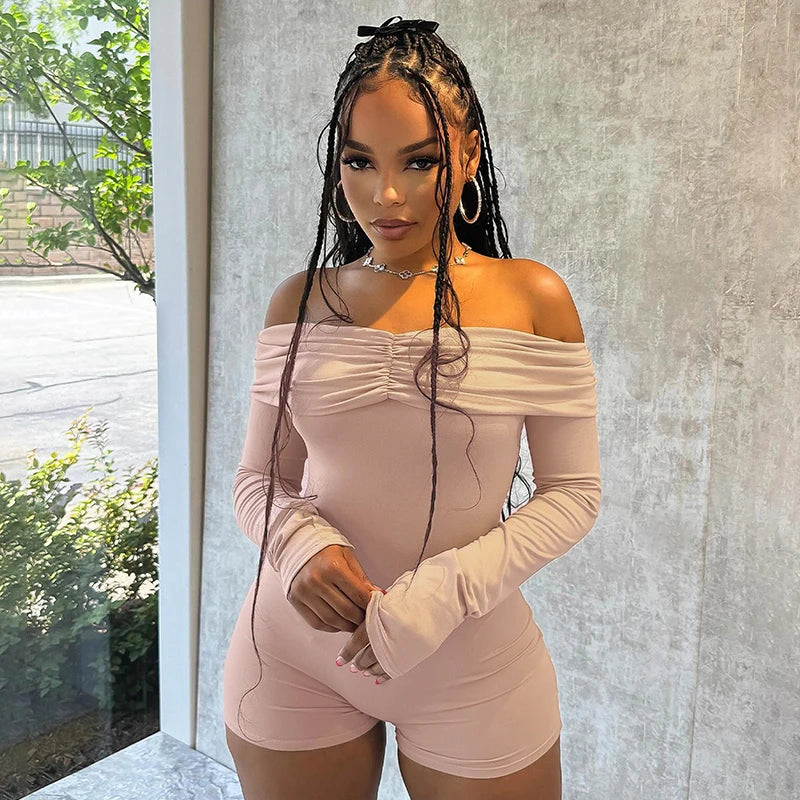 Off Shoulder Pleat Full Sleeve Sporty Playuit Wrap Chet Backless Skinny One Piece Romper