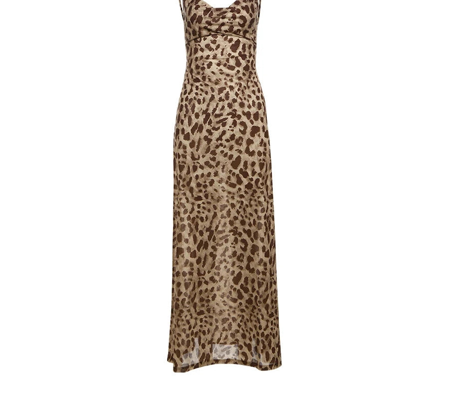 Leopard Dress Swing Collar Spaghetti Straps Backless Ruffles