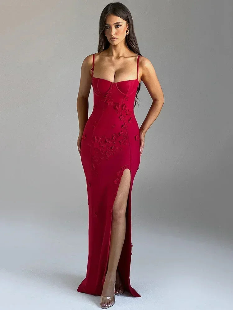 Flower Spaghetti Strap Maxi Dress Off-shoulder Backless Thigh High Split Evening Dress