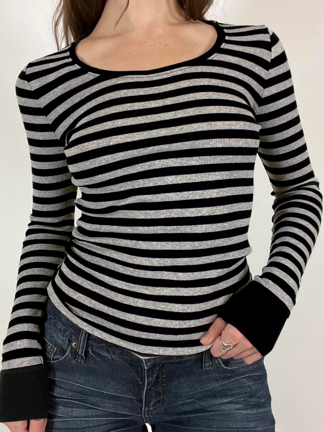 Striped Crewneck Top Tee Long Sleeves Slim