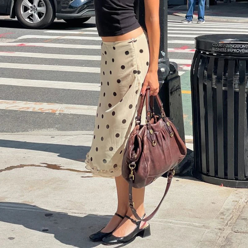 Beige Polka Dot Low Waist Midi Skirt