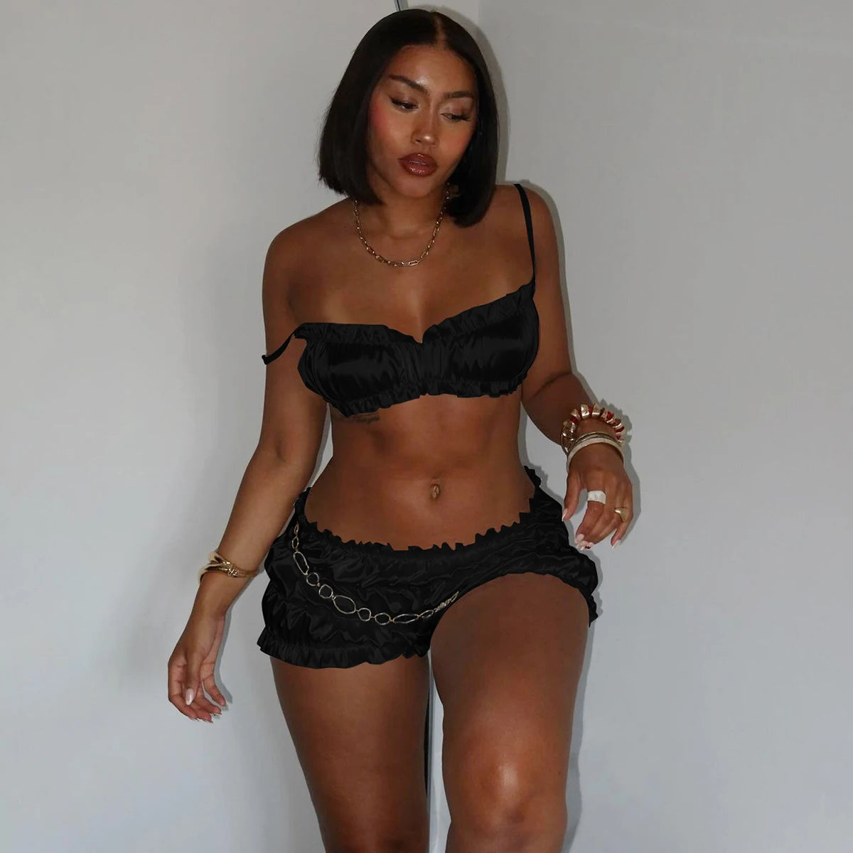 Ruched Slim Top Shorts Two Piece Set
