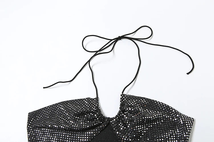 Sequins 2 Piece Set Halter 3D Flowers Camisole Knot Skirts Matching